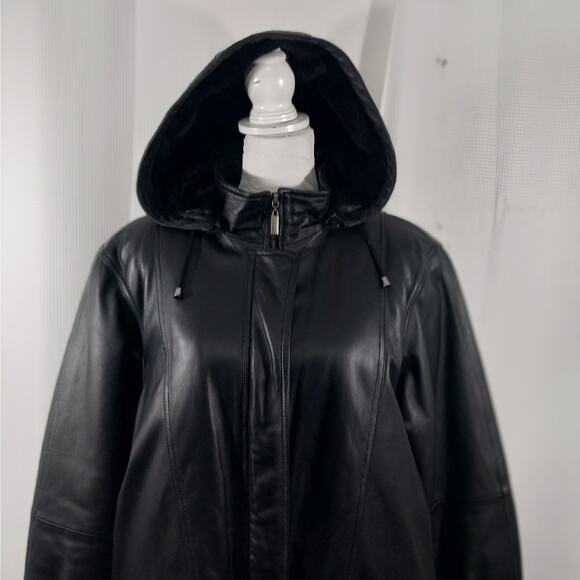 CHARLES KLEIN! CLASSIC BLACK GENUINE LEATHER PARKA STYLE ZIP OFF HOOD COAT! SZ L - Picture 5 of 13